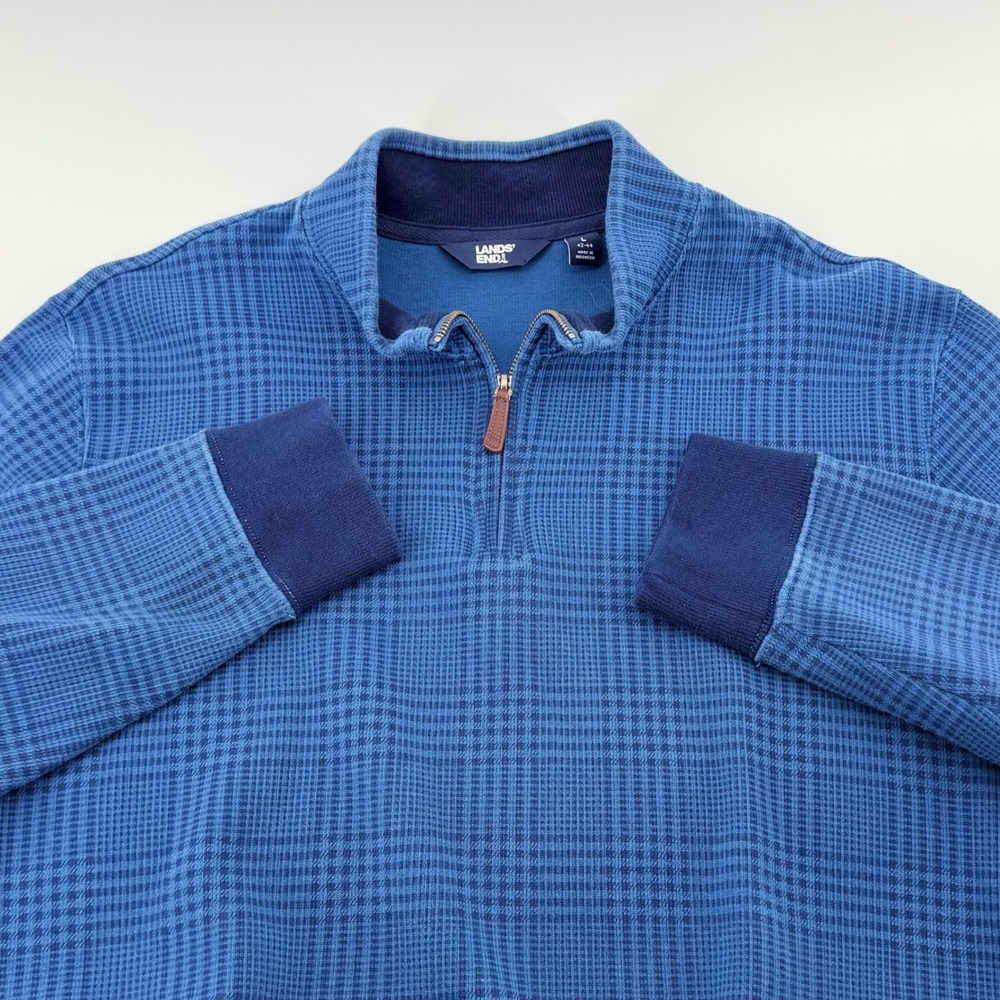 Lands End Blue Glen Plaid Quarter Zip Cotton Pullover Sweater Mens Large L